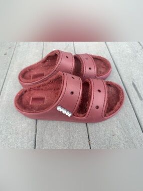 Crocs Burgundy Slide Sandals with Fur Lining